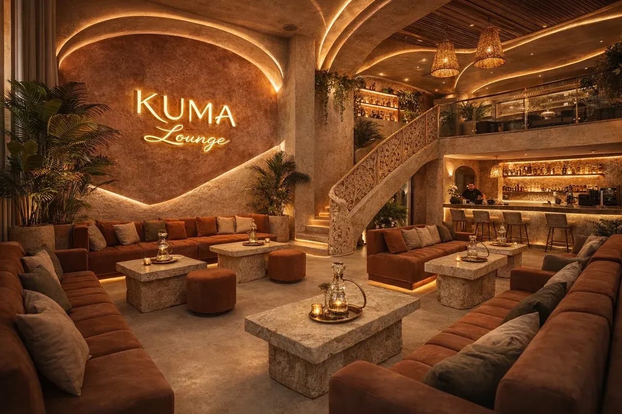 Grande salle de Kuma Lounge avec son bar, son escalier sculpté et ses banquettes terracotta, Marrakech