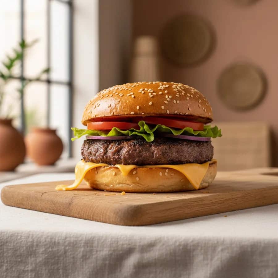 Burger au cheddar fondu, tomate et oignon rouge servi sur planche en bois, Kuma Lounge Marrakech