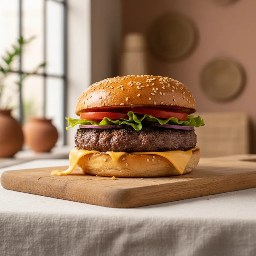 Burger au cheddar fondu, tomate et oignon rouge servi sur planche en bois, Kuma Lounge Marrakech