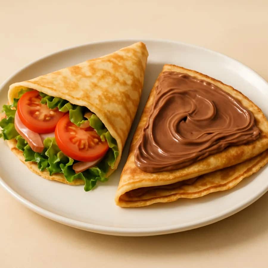 Assiette de deux crêpes, l'une salée à la tomate et à la salade, l'autre au chocolat, Kuma Lounge Marrakech