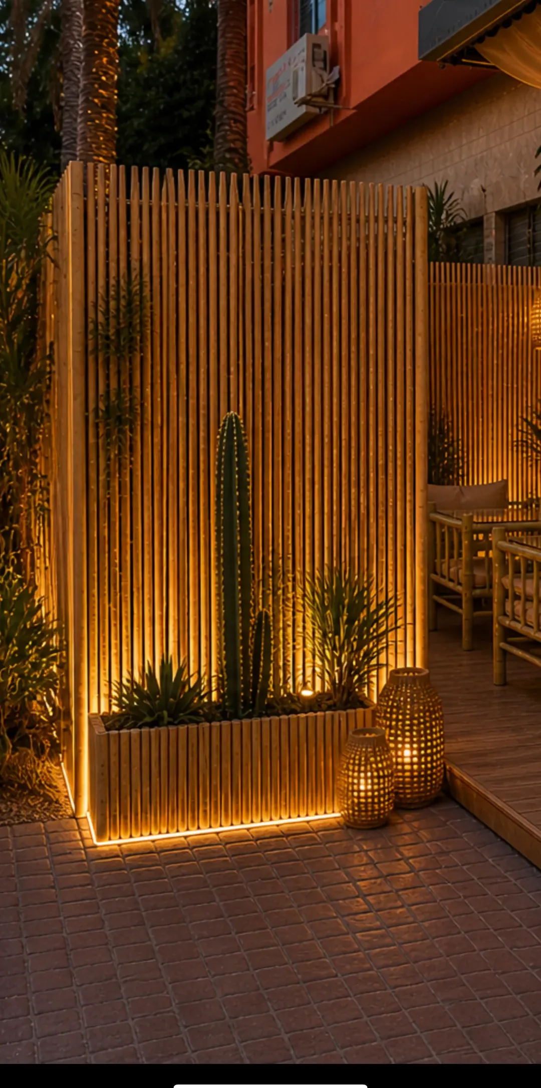 Terrasse le soir, claustra en bois éclairé, cactus et lanternes en rotin, Kuma Lounge Marrakech